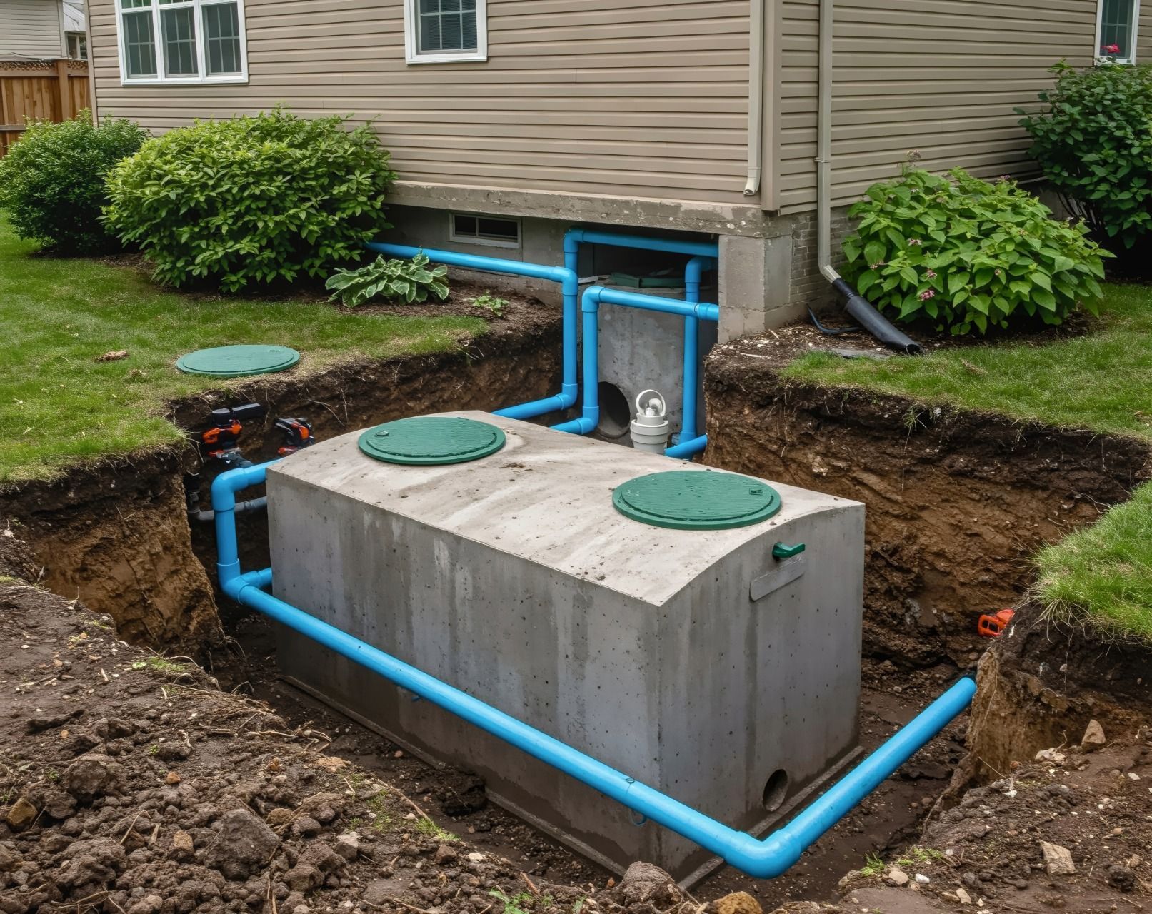 Concrete septic tank installation next to a house; blue pipes connect tank.