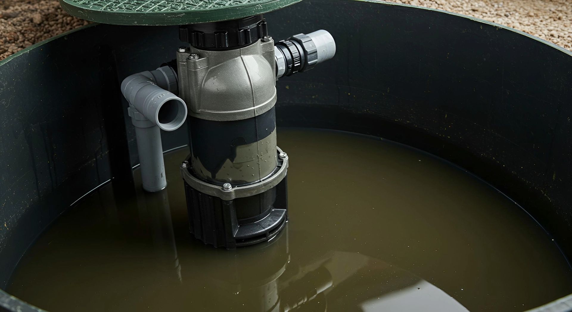 A submersible pump inside a dark tank filled with liquid, likely sewage.