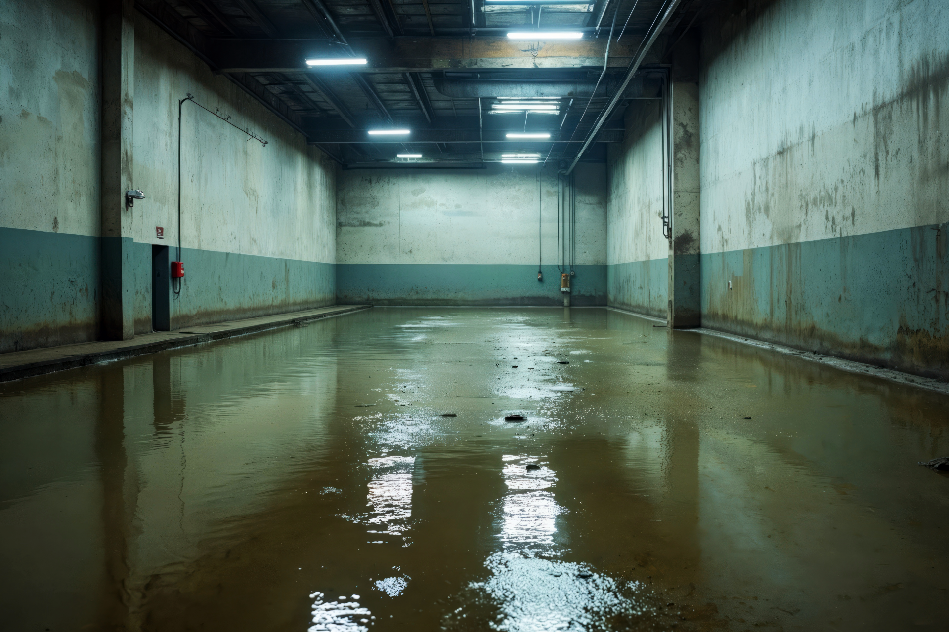 Flooded industrial interior; dirty water covers the floor, stained walls, fluorescent lights.