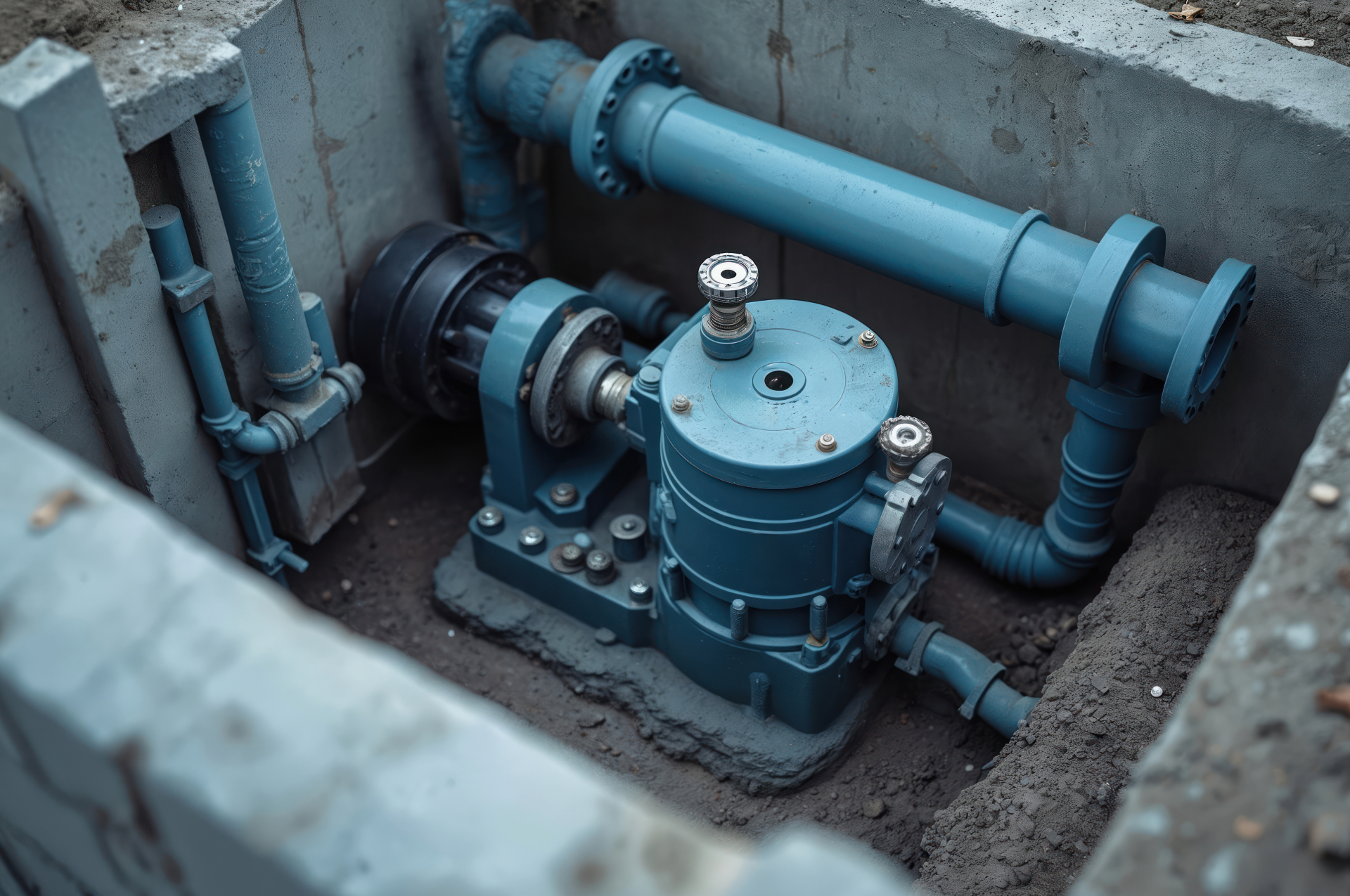 Blue water pump with pipes in a concrete enclosure.