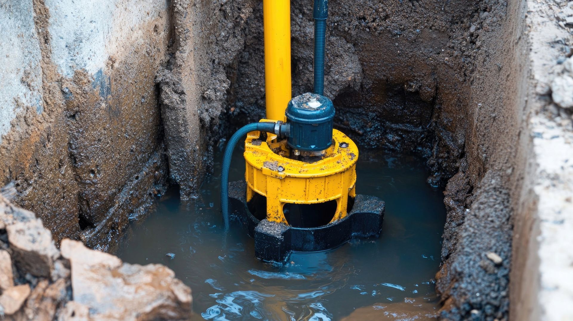 Yellow submersible pump in a water-filled pit, with a yellow pipe extending upward.