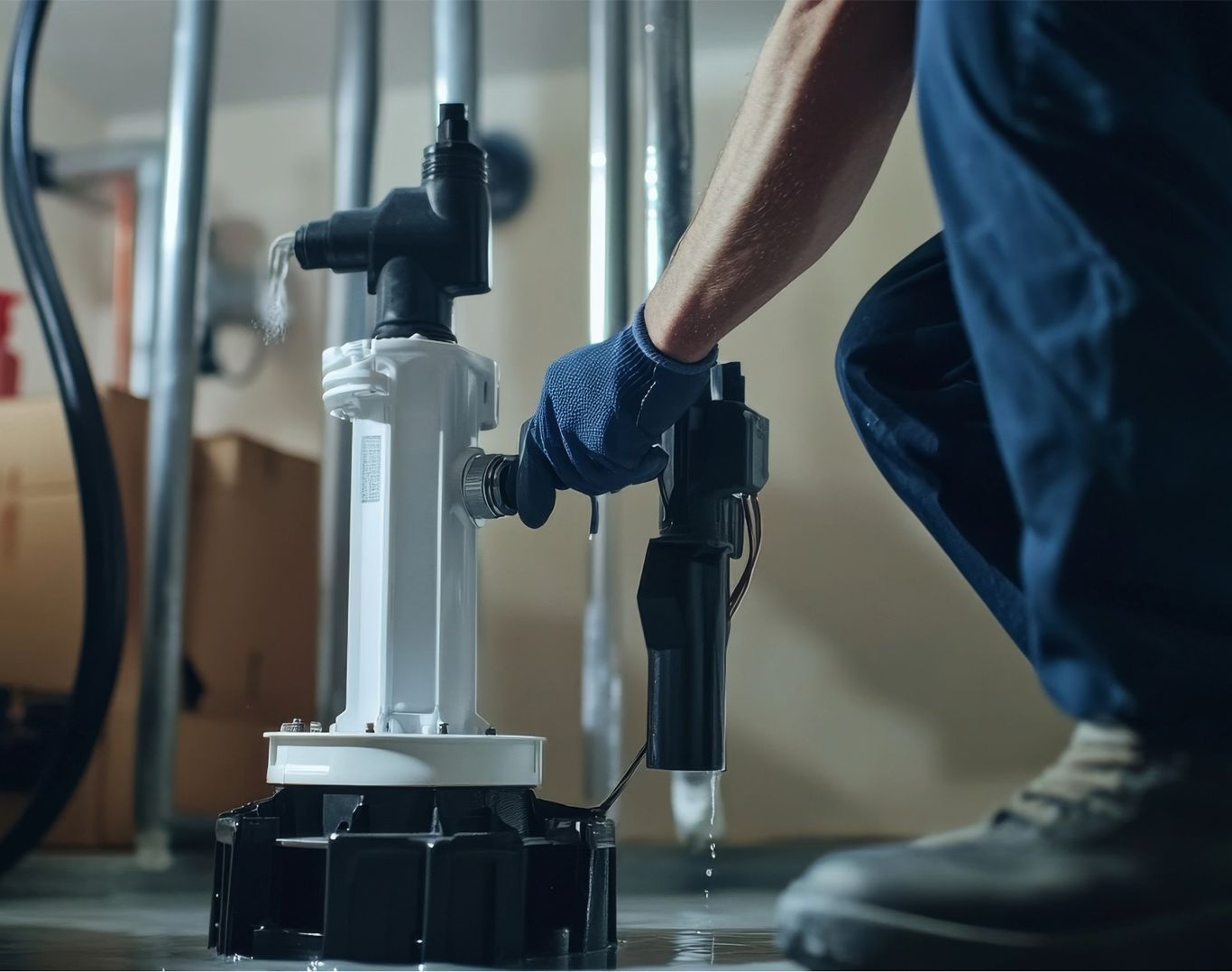 Plumber attaching a black device to a white pipe; water drips. Indoors, near other pipes.