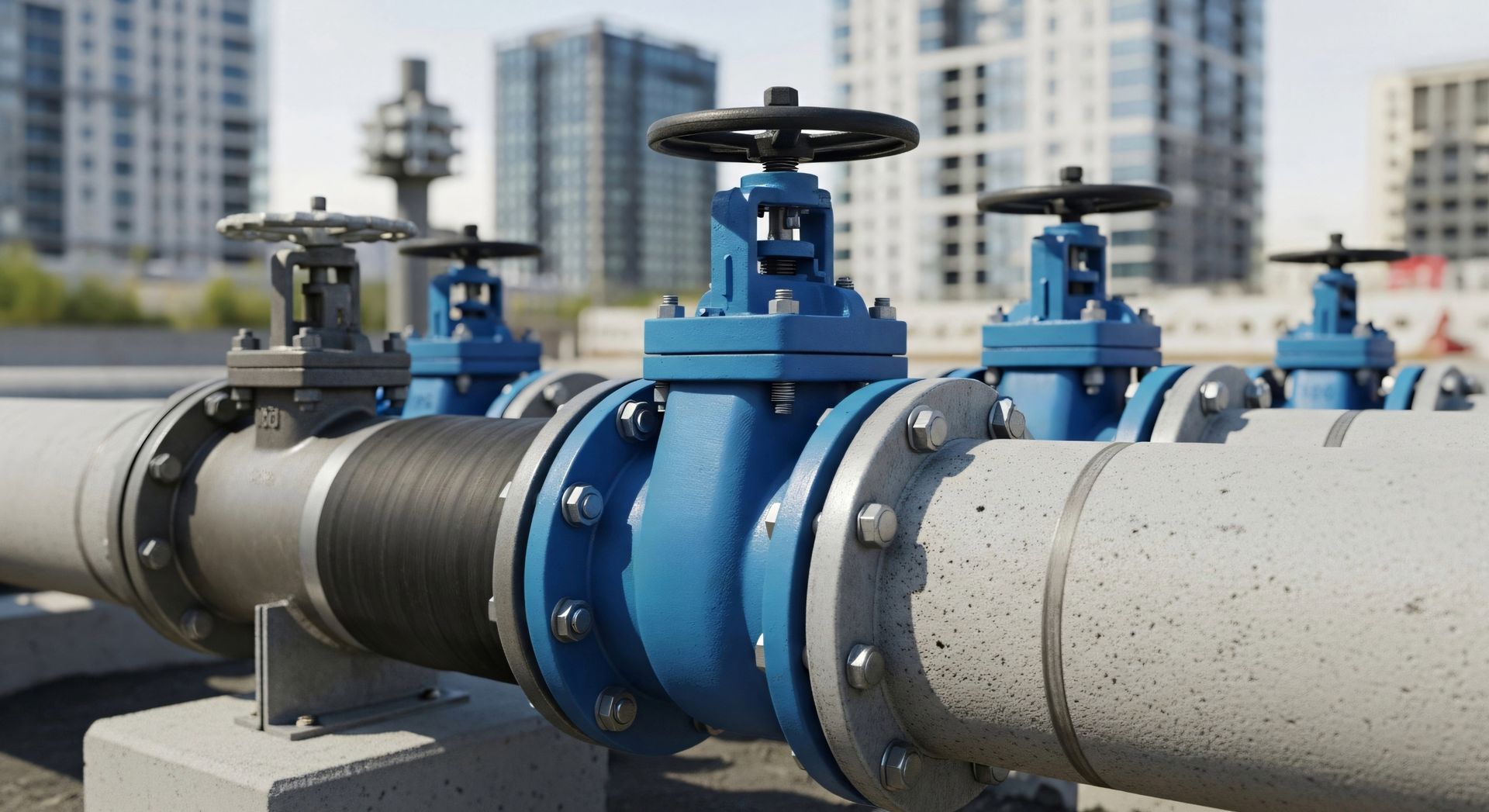 Pipes and blue valves on a rooftop with city buildings in the background.