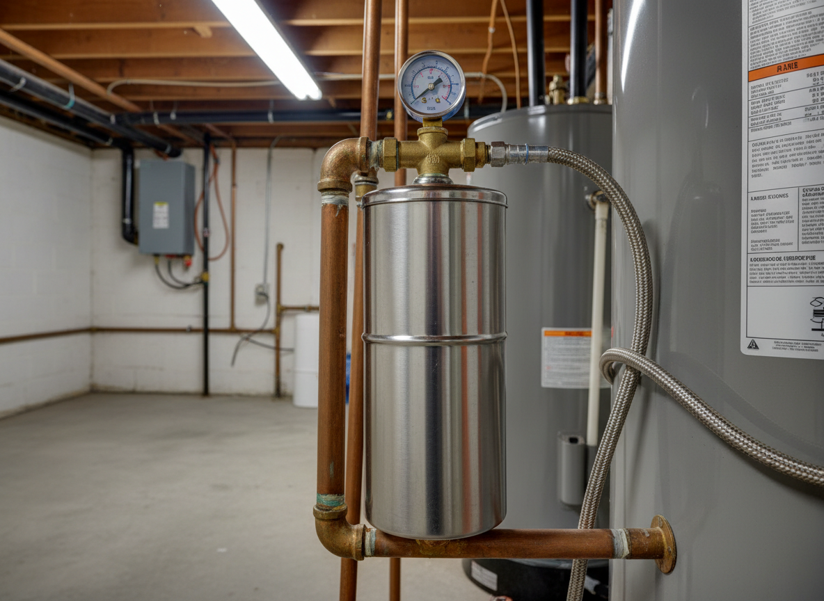 Water pressure tank and gauge attached to a water heater in a basement.