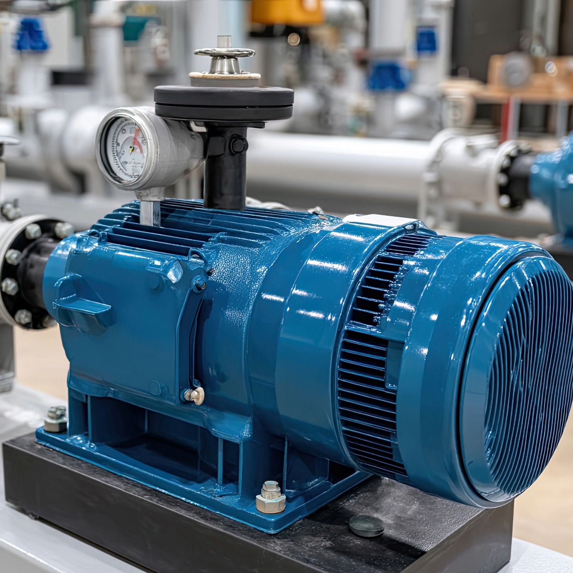 Blue industrial motor with attached pressure gauge, mounted on a black base, in a factory setting.
