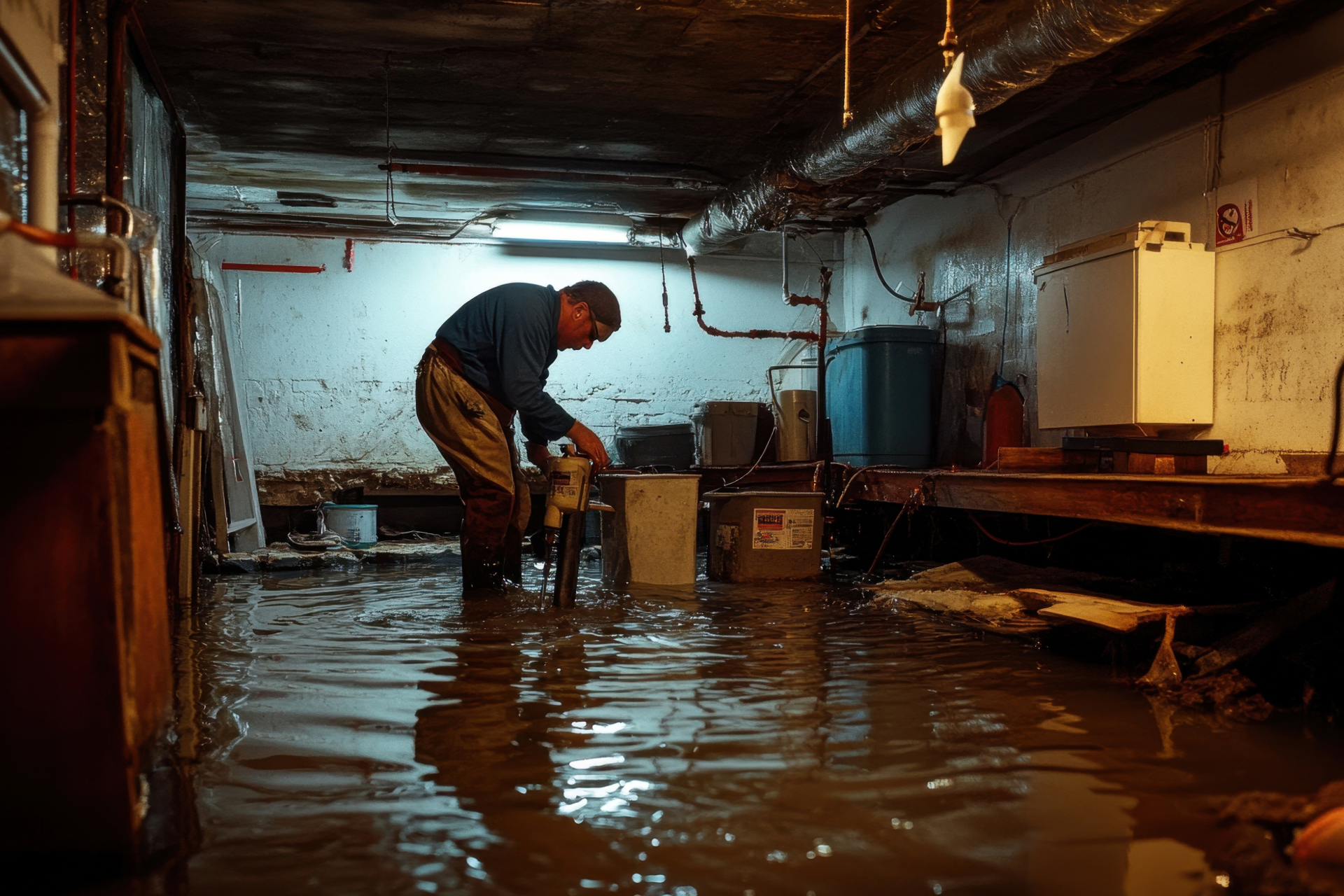 Man in flooded basement, operating a pump. Water surrounds him. Dark room, industrial setting.