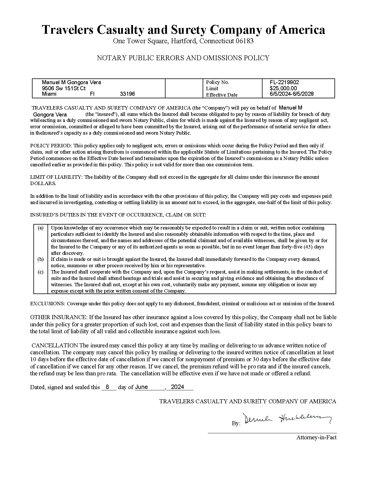 Document from Travelers Casualty and Surety Company of America; text-based with signature at the bottom.