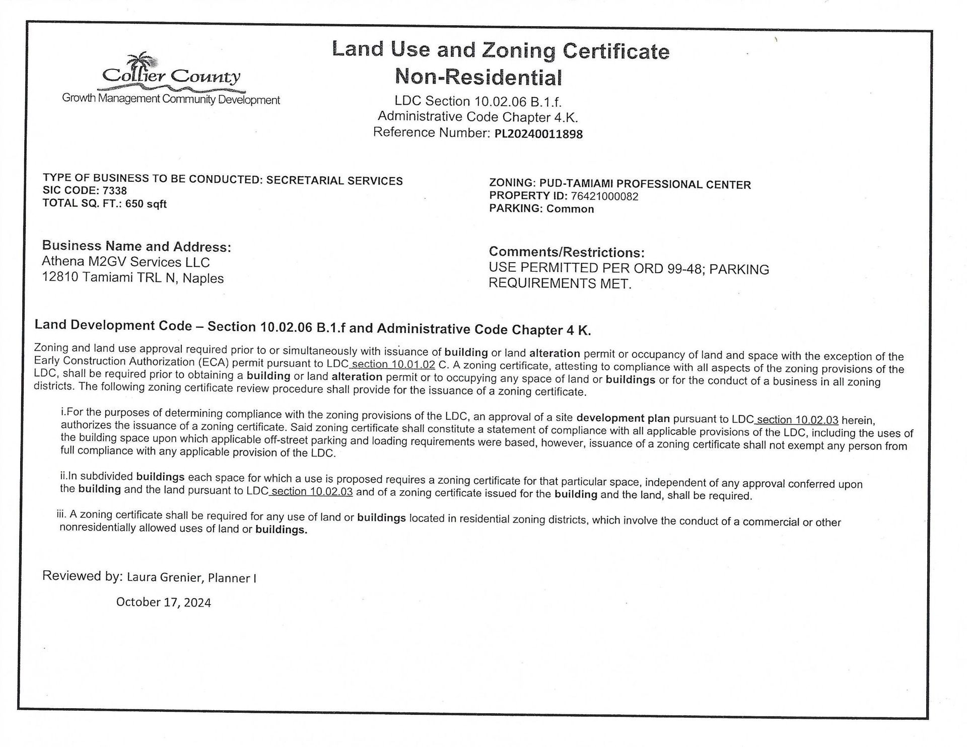 Land Use and Zoning Certificate from Collier County, Florida. Non-residential.