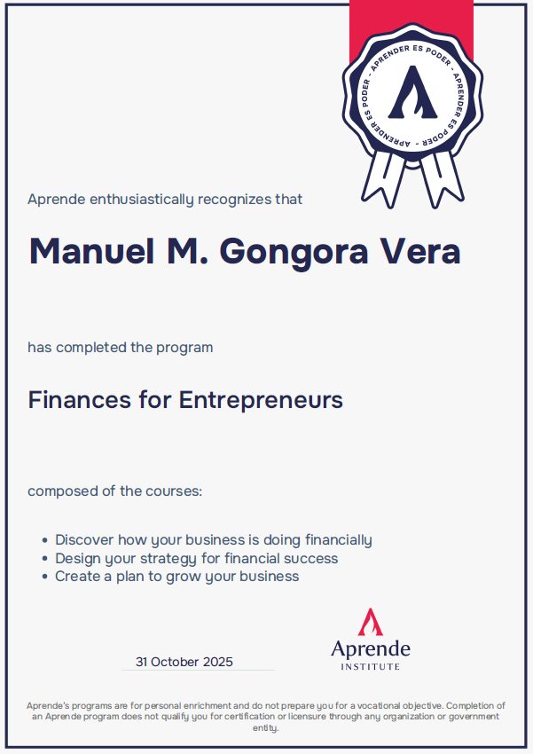 Certificate for Manuel M. Gongora Vera, who completed the 