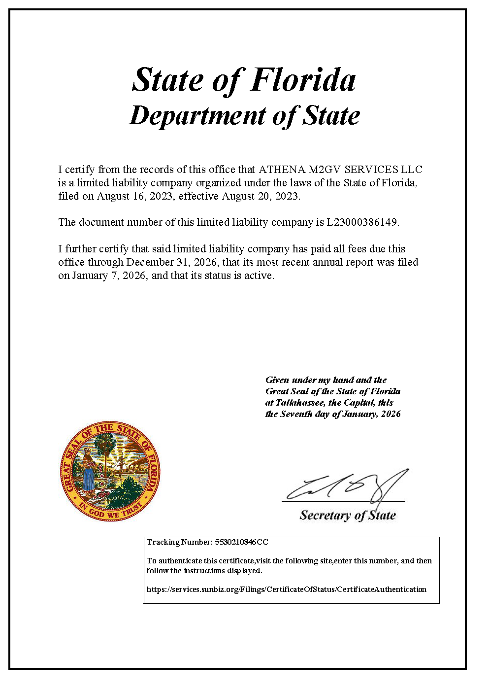 Florida Department of State document with official seal and Secretary of State signature.