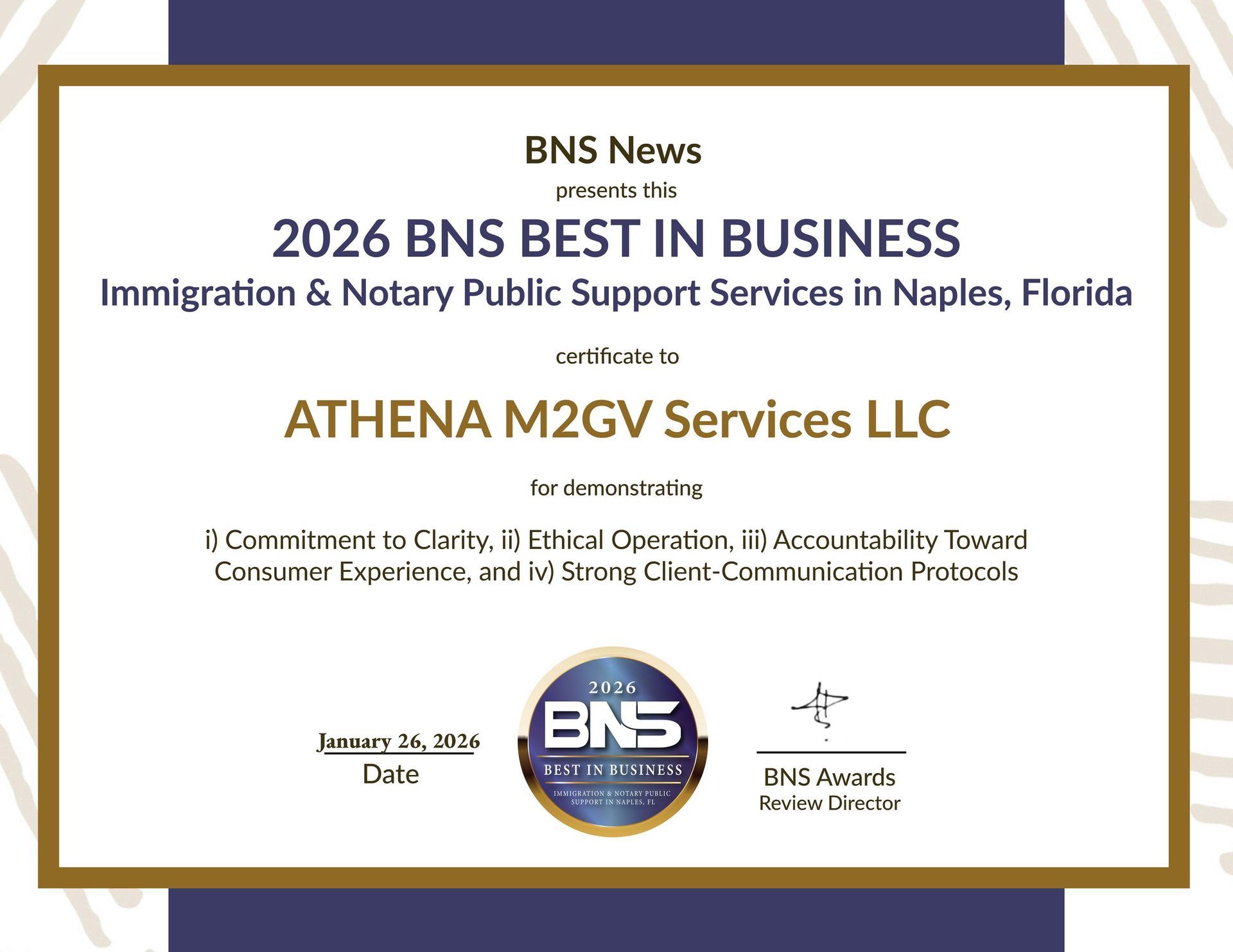 Award certificate for Athena M2GV Services LLC, 