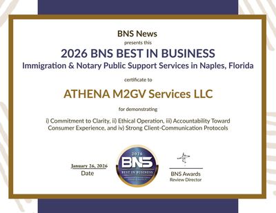 Award certificate: BNS Best in Business for Athena M2GV Services LLC, Naples, Florida, 2026. Gold border, blue accents.
