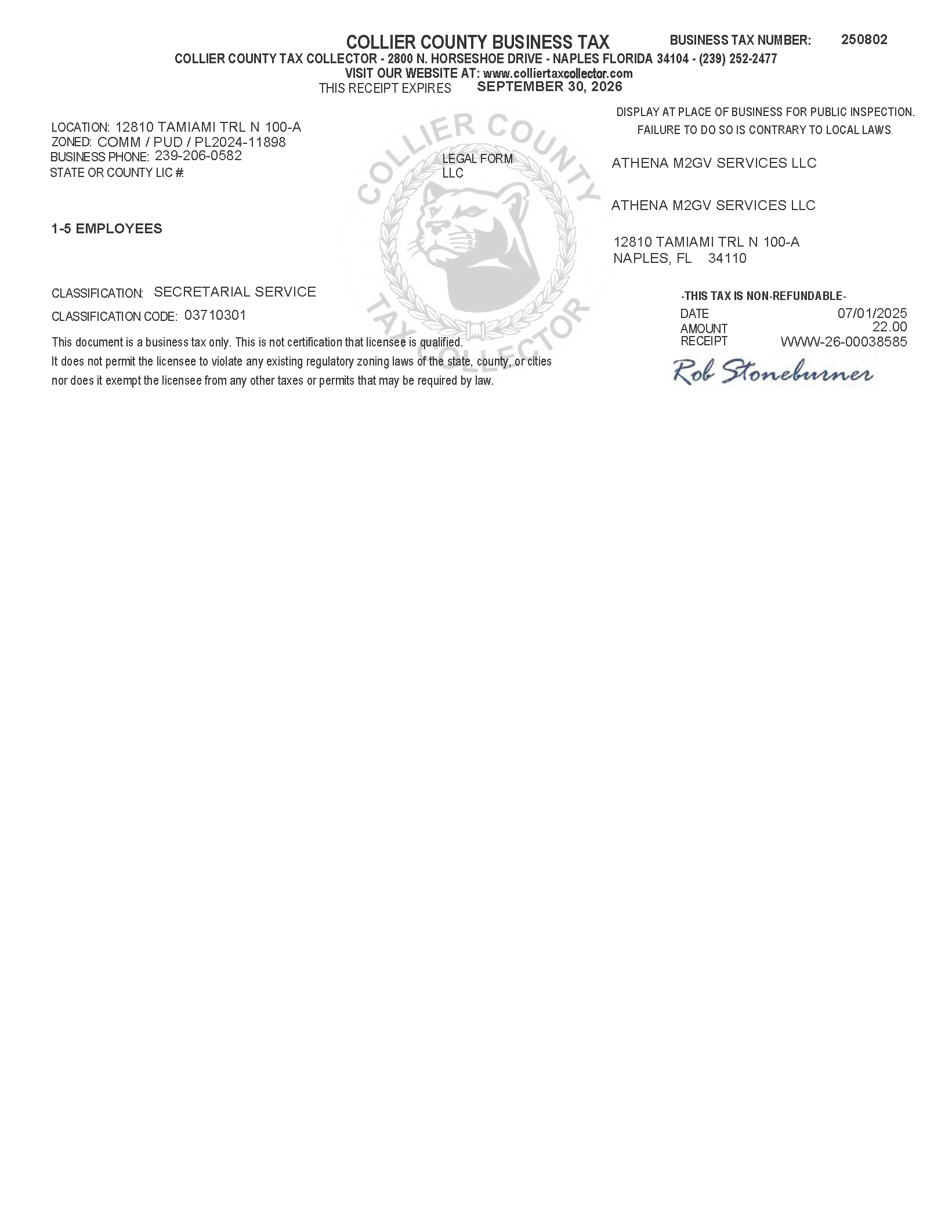 Collier County, Florida official document with a county seal and handwritten signature.