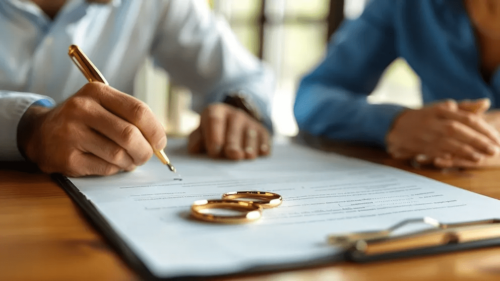 Man signing document with wedding rings on table; woman next to him.