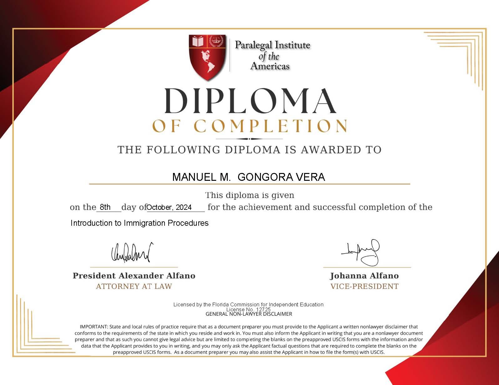 Diploma of Completion awarded to Manuel M. Ocnora Vera, signed by President Alexander Abano and Joanna Alfaro.