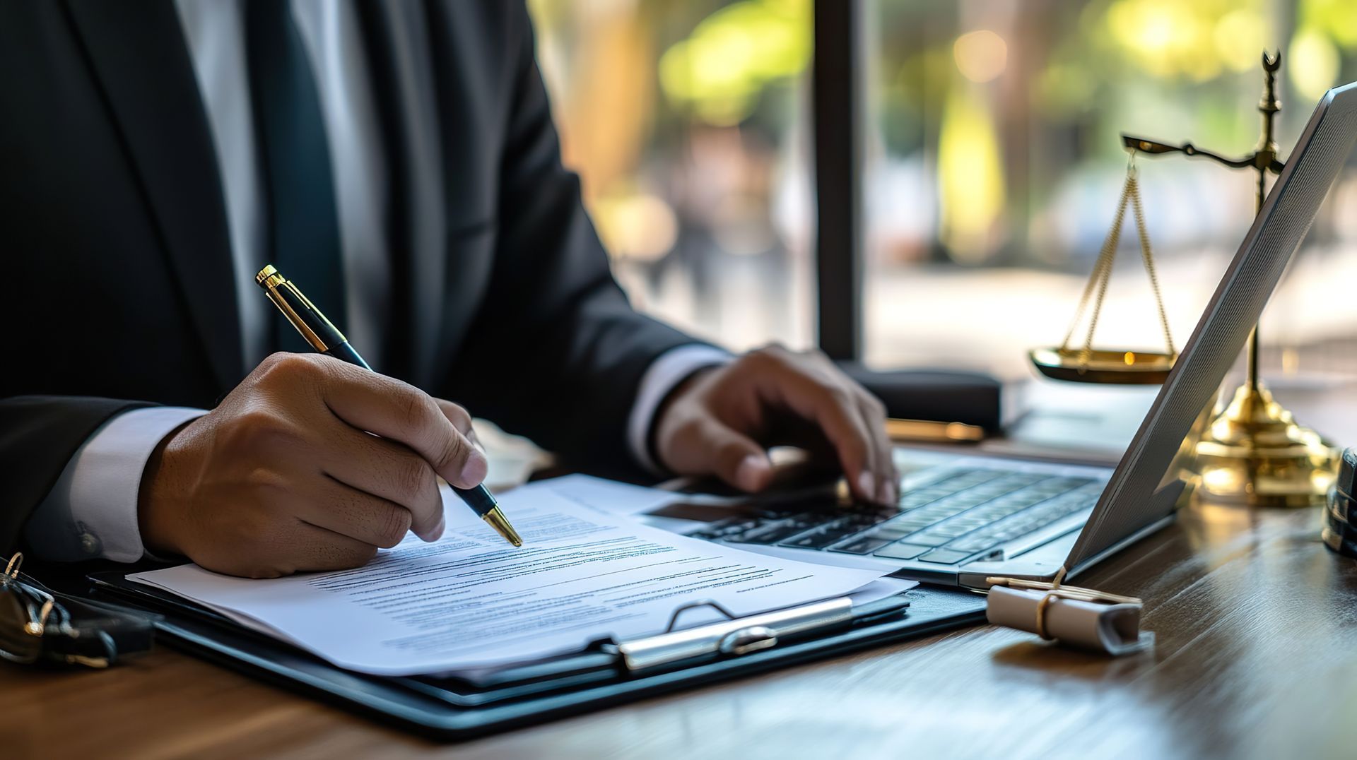 Lawyer in a suit, writing on documents at a desk with a laptop and scales of justice.