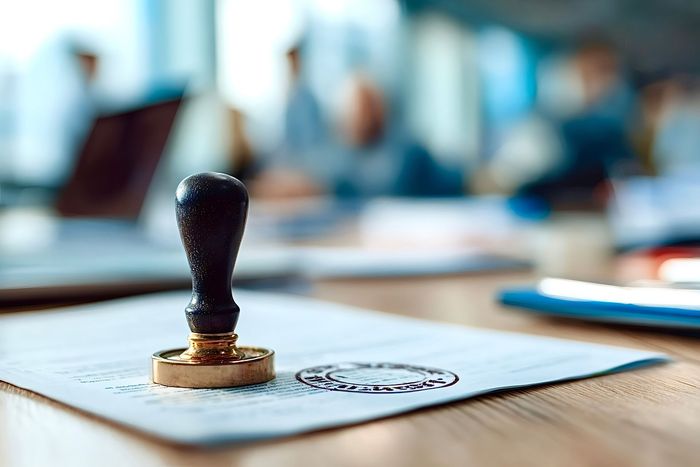 Official seal stamp next to an embossed document on a table; blurred meeting in background.