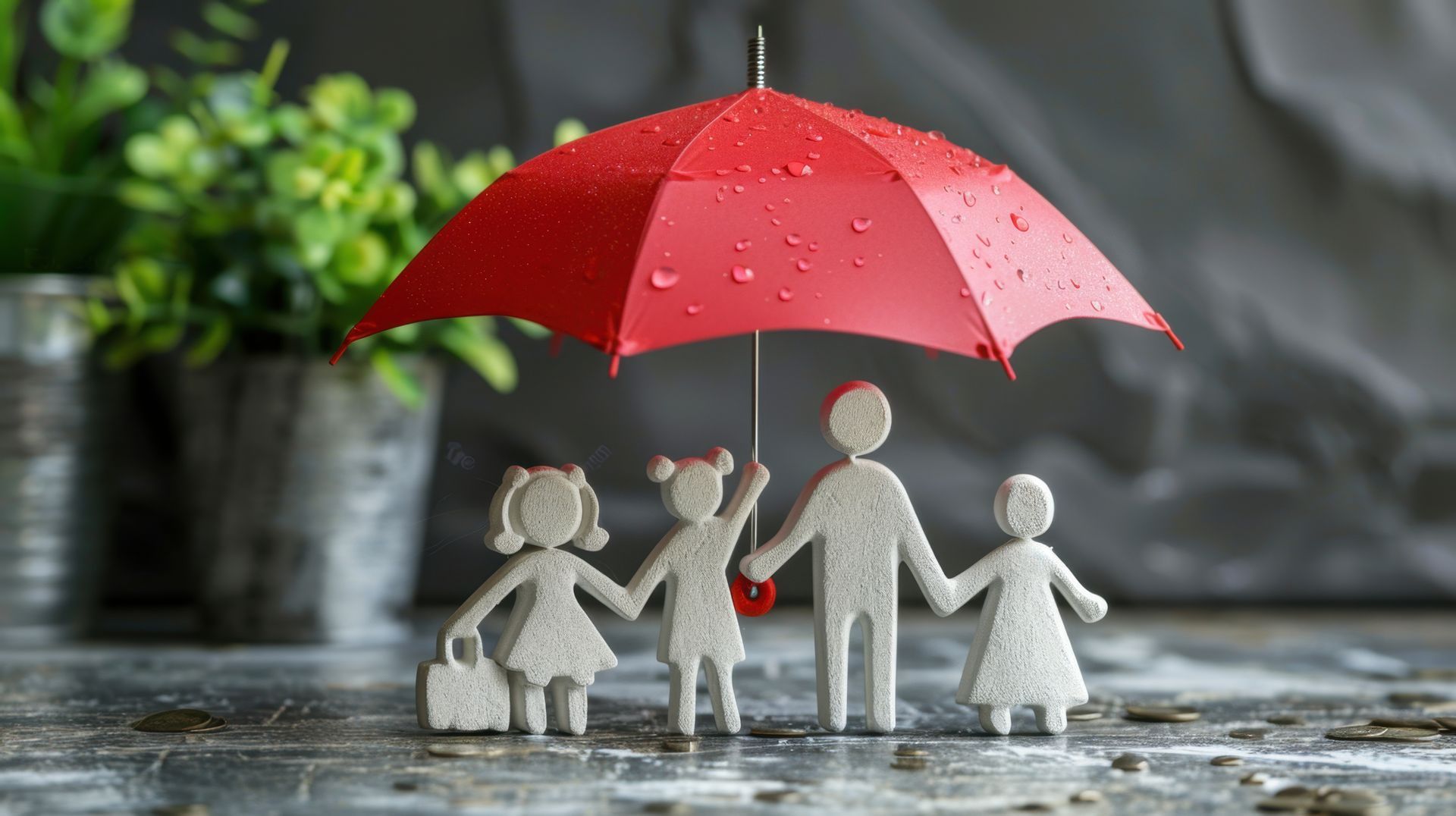 Family figures under a red umbrella, symbolizing protection and security.
