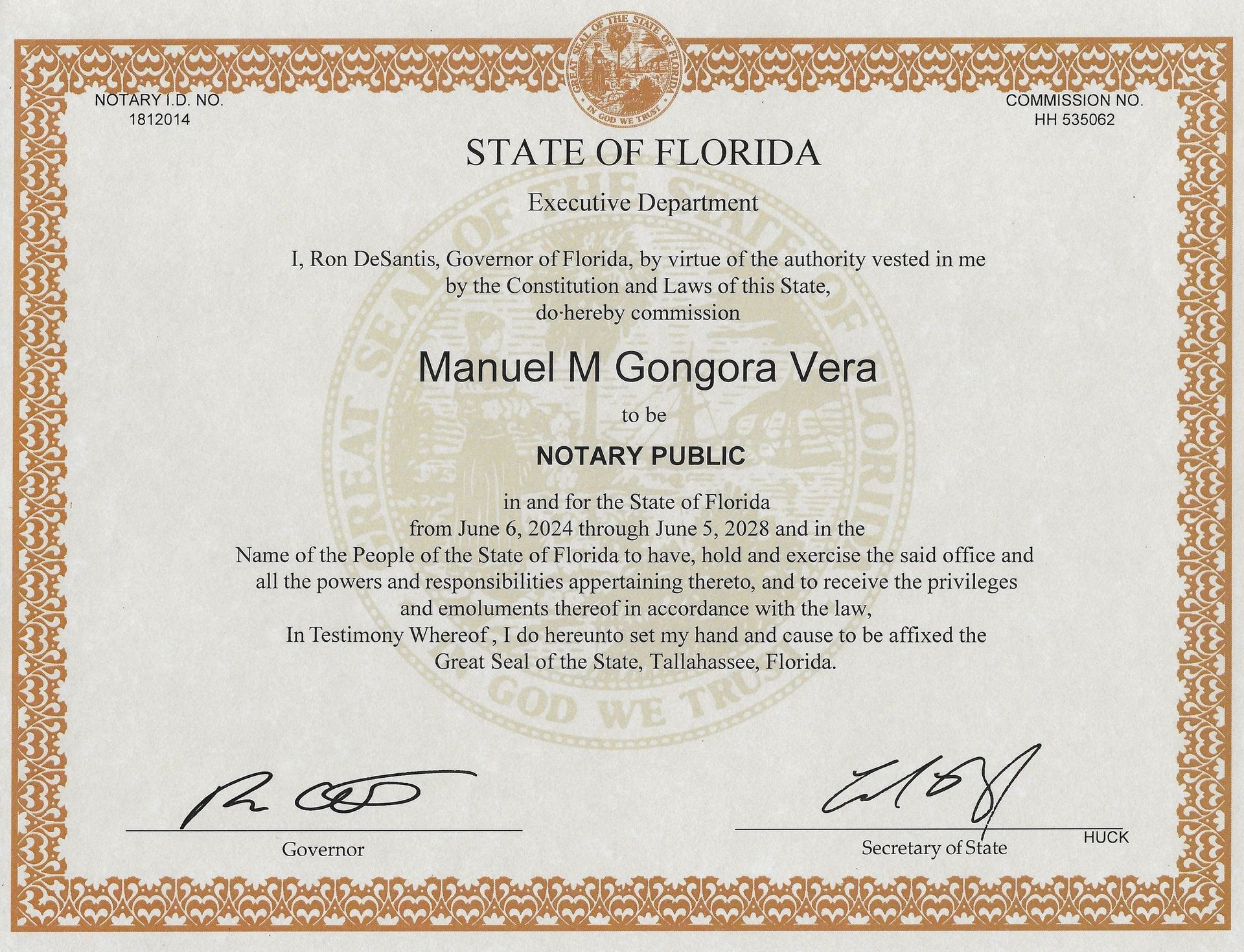 Florida Notary Public certificate. Beige document with gold seal and border, names 