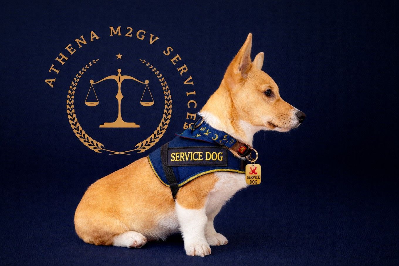 Corgi service dog in blue vest with logo, gold pendant, sitting against a navy blue background.