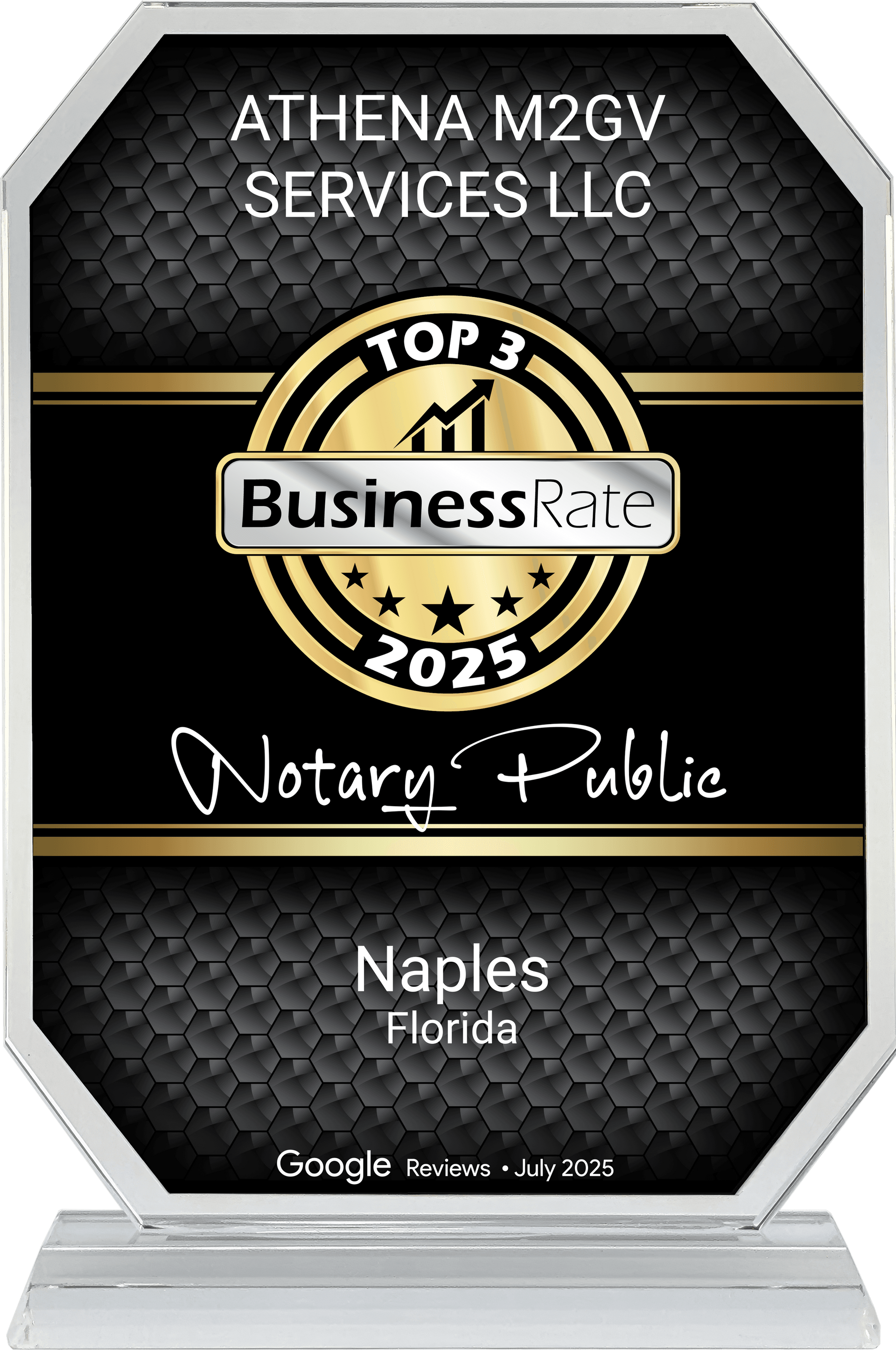 Award for Athena M2GV Services LLC, Top 3 Notary Public in Naples, Florida, 2023, BusinessRate logo.