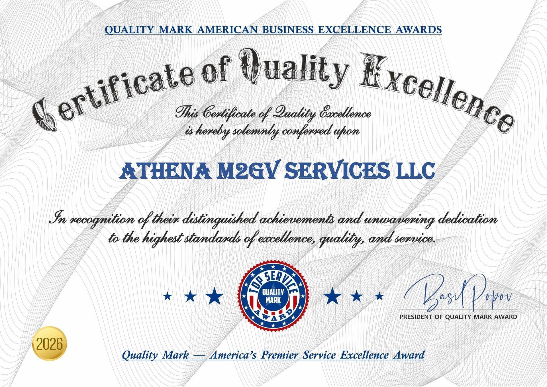 Certificate of Quality Excellence for Athena M2GV Services LLC, blue and gold design with stars and a seal.