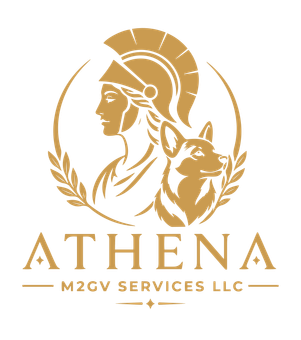 Logo for Athena M2GV Services LLC: scales of justice within a wheat and olive branch wreath.
