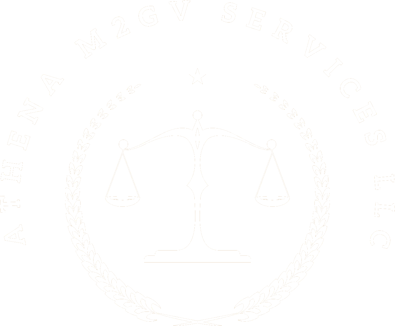 A mirrored image of scales of justice inside a circle.