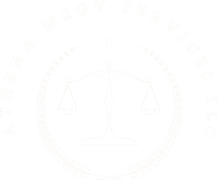 Logo for Athena M2GV Services LLC: scales of justice within a wheat and olive branch wreath.