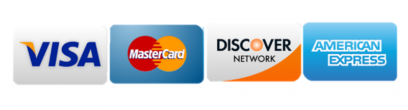 Logos for Visa, MasterCard, Discover Network, and American Express credit cards.