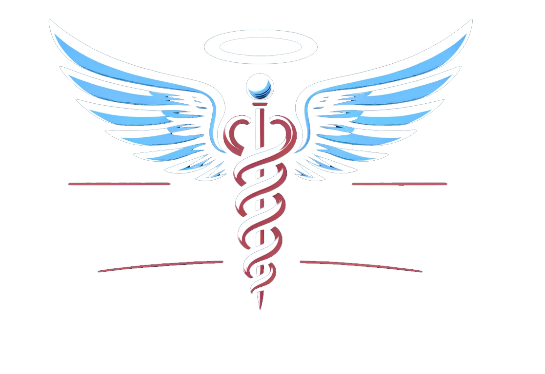 A caduceus with wings and snakes on a white background.