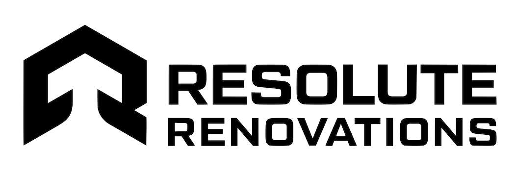 Logo for Resolute Renovations: geometric shape with an arrow pointing upward, and the company name.