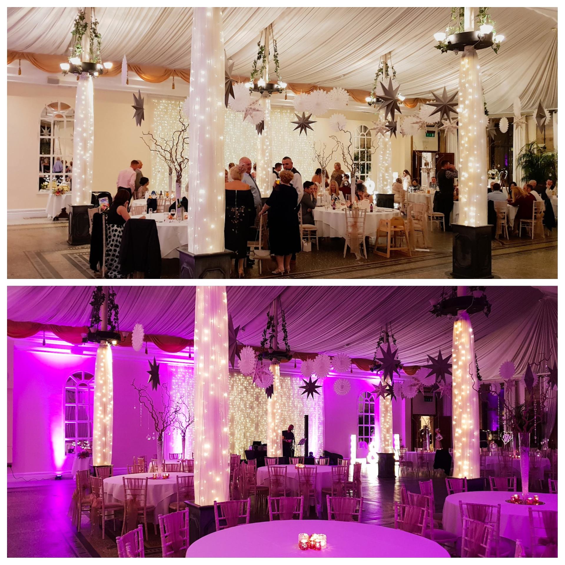 Uplighting before & after in the Winter Gardens at Beamish Hall