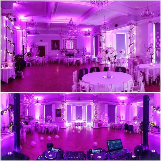 Pink uplighting in the Monboucher room at Beamish Hall
