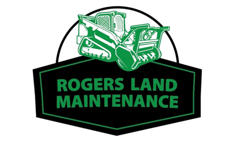 Rogers Land Maintenance logo: Green skid steer over a black and green pentagon with company name.