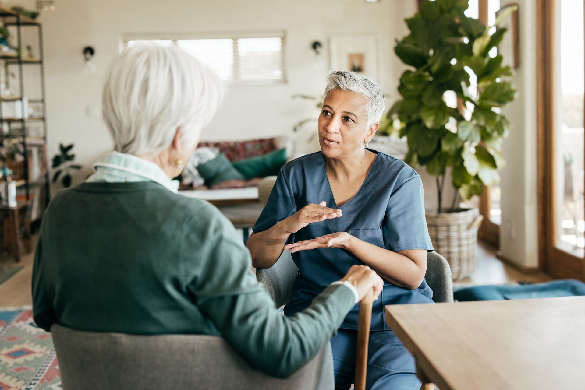 A healthcare worker in scrubs talks to an elderly person in a home.