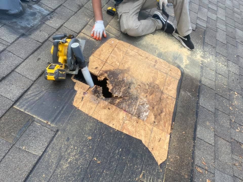 Man cutting roof sheathing with saw. The section is rotted and needs repair.