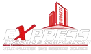 Logo for Express Roofing & Contractor, red and black text, stylized buildings.