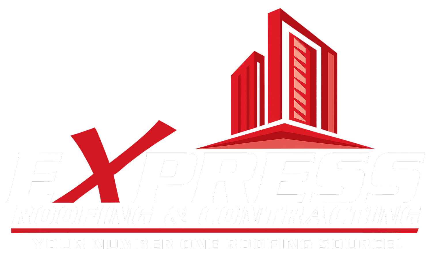 Logo for Express Roofing & Contractor, red and black text, stylized buildings.