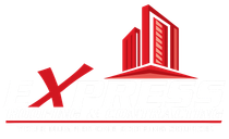 Logo for Express Roofing & Contractor, red and black text, stylized buildings.