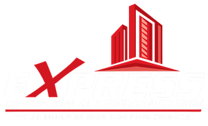 Logo for Express Roofing & Contractor, red and black text, stylized buildings.