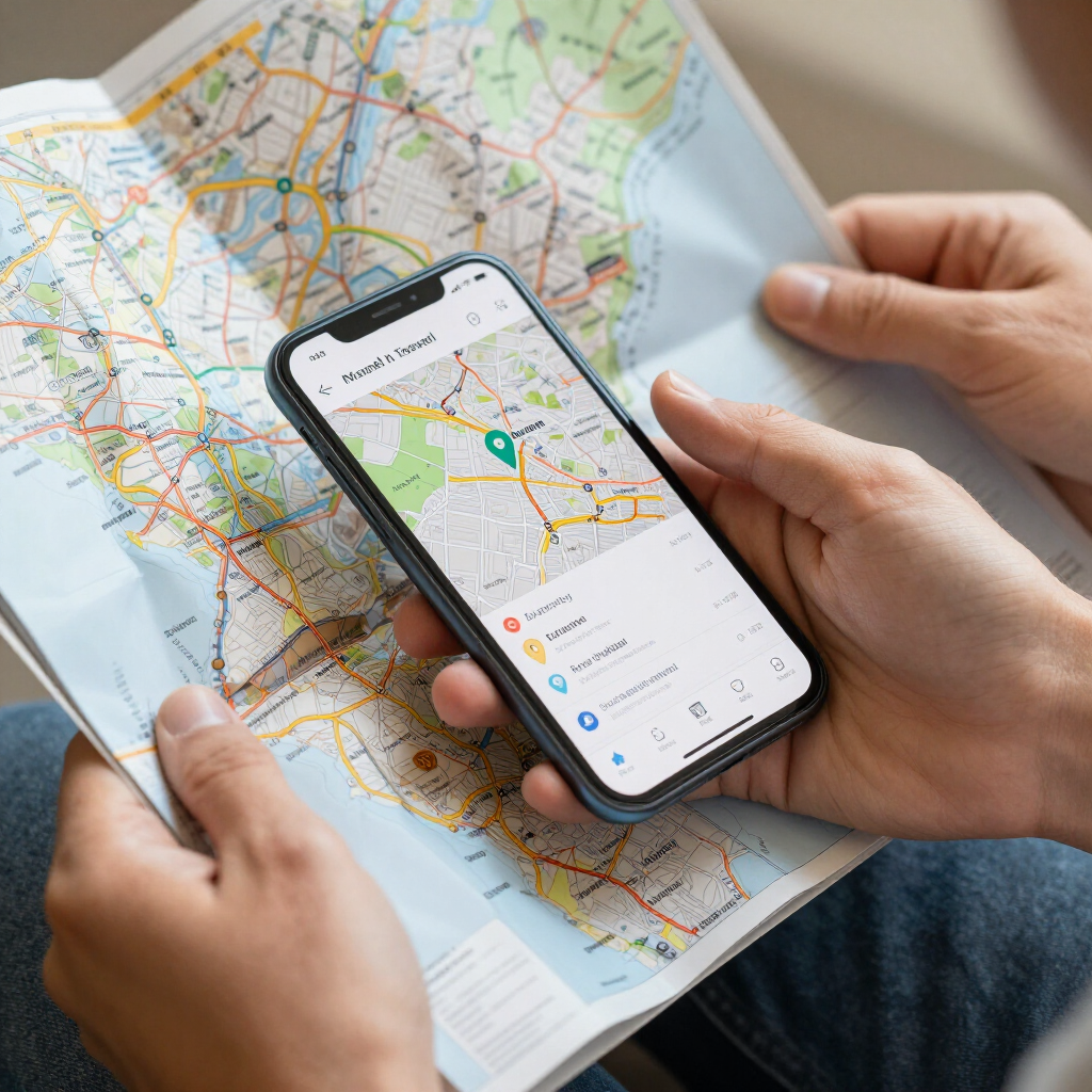 Una persona sostiene un mapa físico y un teléfono inteligente con una aplicación de navegación