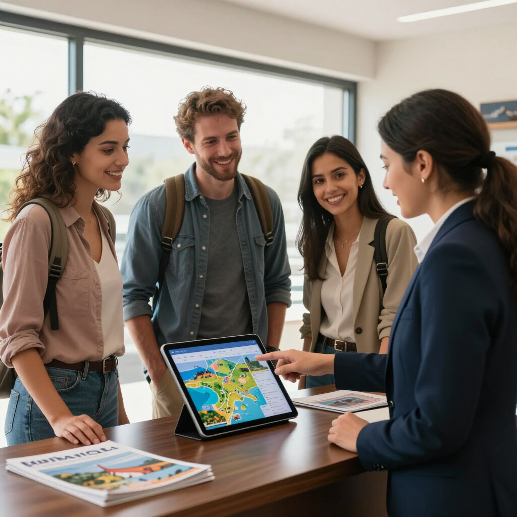 Tres personas están de pie junto a un mostrador mirando un mapa en una tableta
