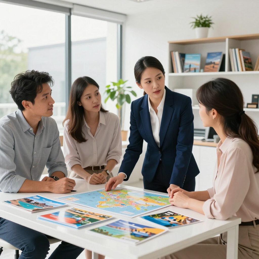 Un equipo colabora alrededor de una mesa en una oficina luminosa, revisando folletos de viaje 