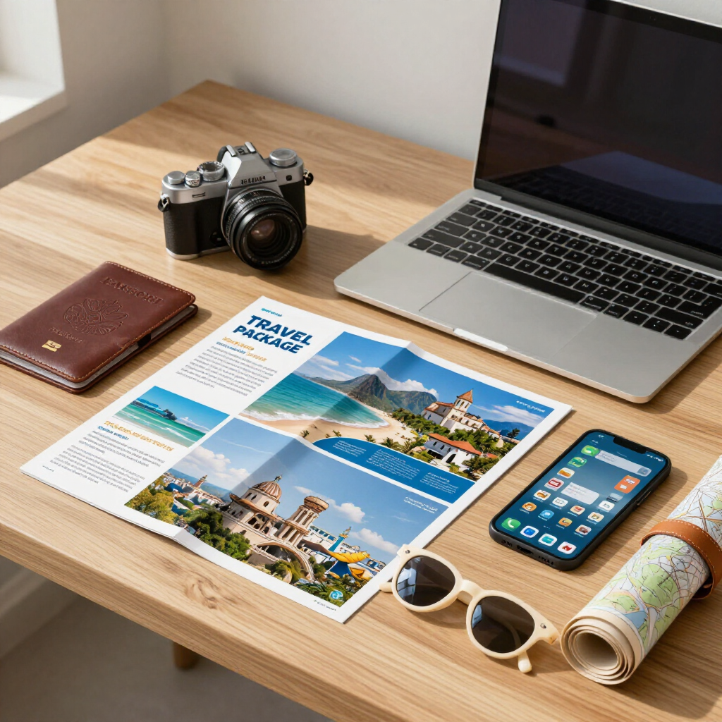 Un escritorio con un ordenador portátil, una cámara, un folleto de viajes, un teléfono, gafas de sol y un mapa enrollado.