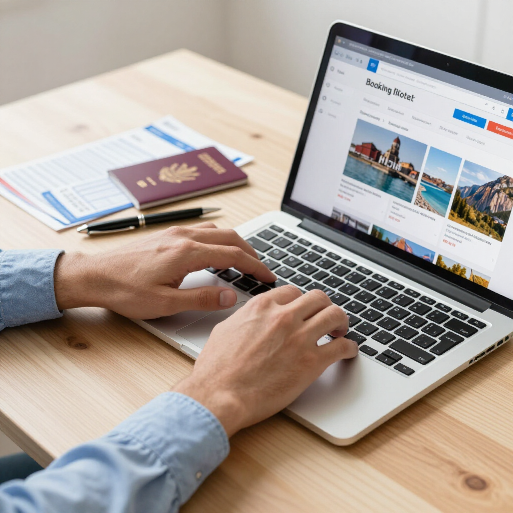 Una persona utiliza un ordenador portátil sobre un escritorio de madera, junto a un pasaporte