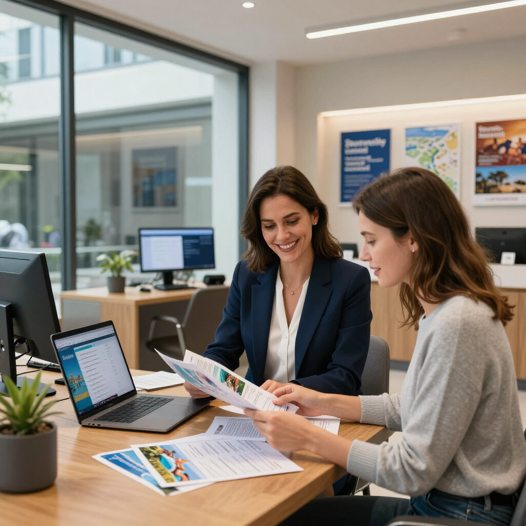 Dos personas sentadas en un escritorio revisando folletos y documentos en una oficina luminosa y moderna con ordenadores.
