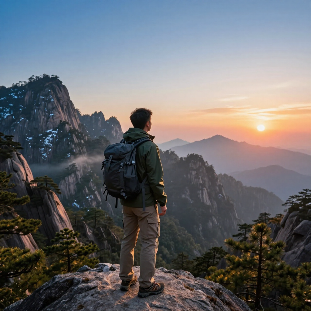 Una persona con una mochila se encuentra en la cima de una montaña rocosa, contemplando un paisaje 