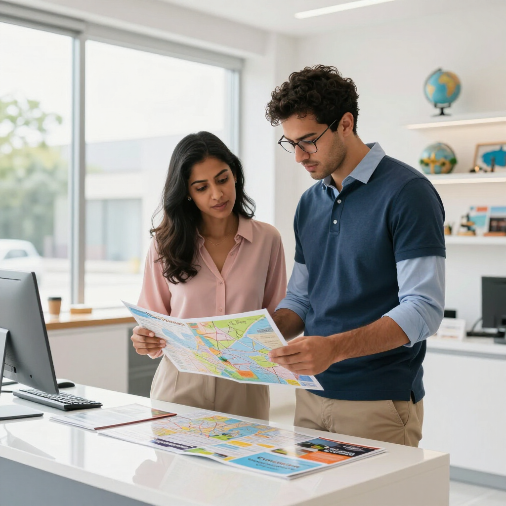 Dos profesionales se encuentran en una oficina luminosa, mirando juntos un colorido mapa 