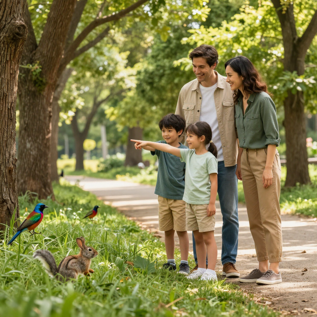 Una familia observa una ardilla y dos pájaros de colores brillantes sobre el césped en un parque soleado y arbolado.